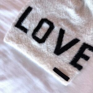 Rebecca Minkoff Love Beanie Fuzzy Eyelash Knit Cream Black Graphic OSFA